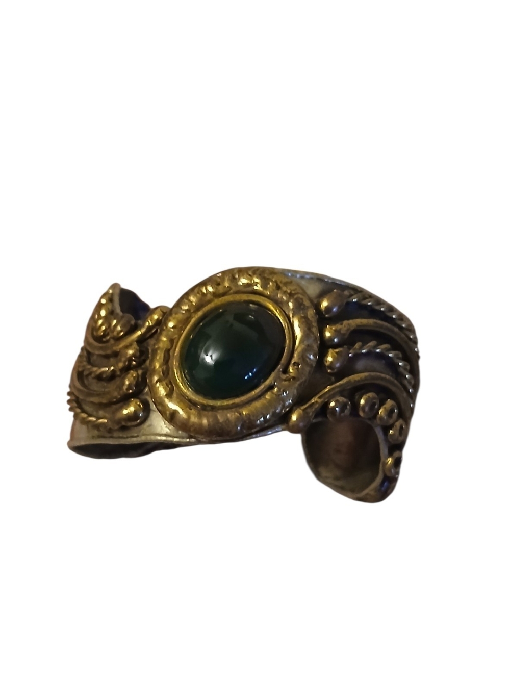Green Stone Gold-Tone Ornate Women's Cuff Ring